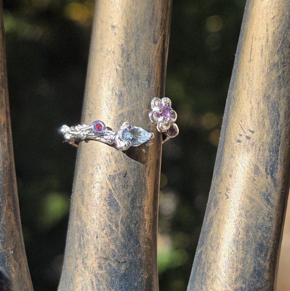 Topaz Amethyst & Rhodalite Sterling & White Gold Floral Ring Sz7 Adjustable - Picture 5 of 9